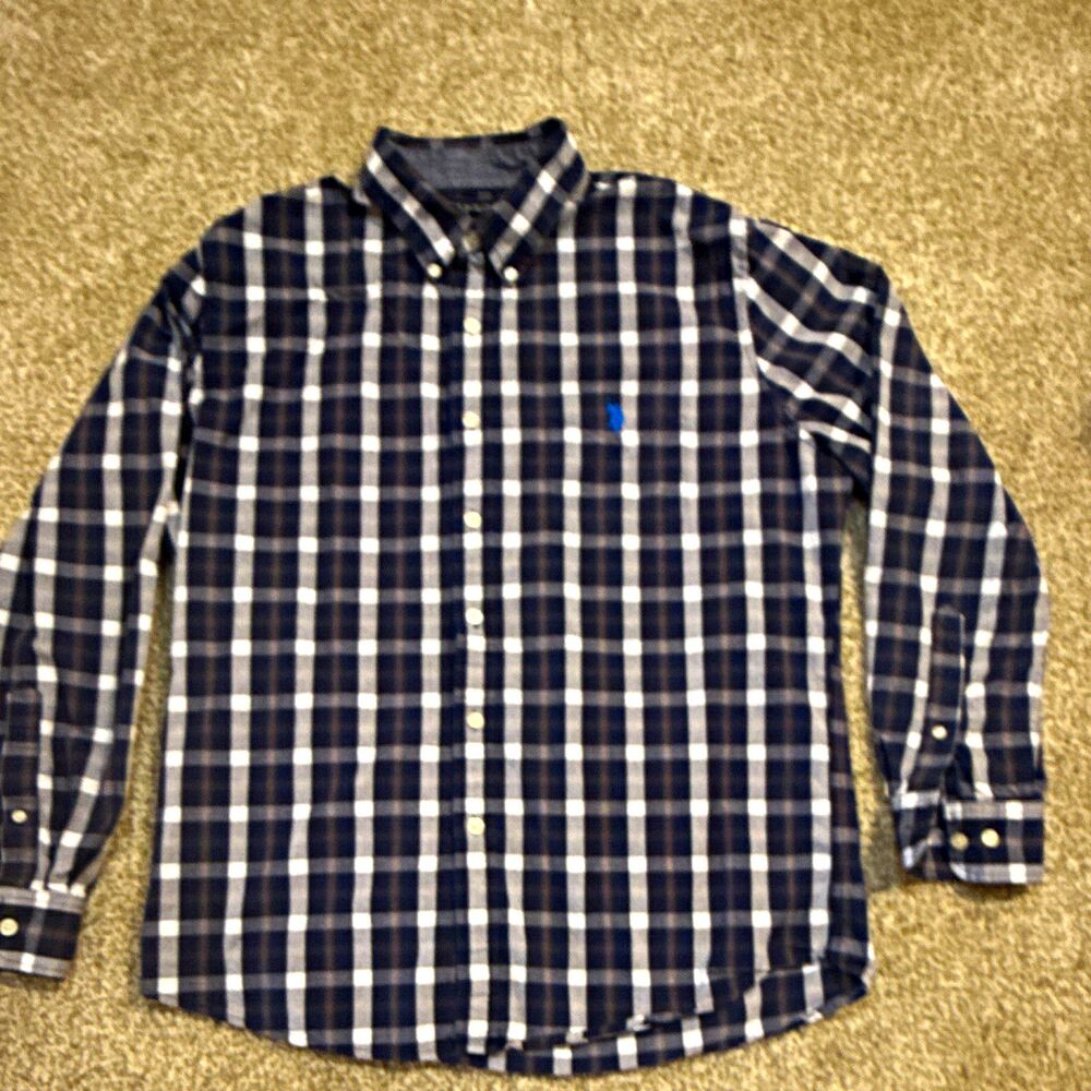 U.S. Polo Assn. Men’s L Blue Red White Plaid Long Sleeve Woven Cotton Button